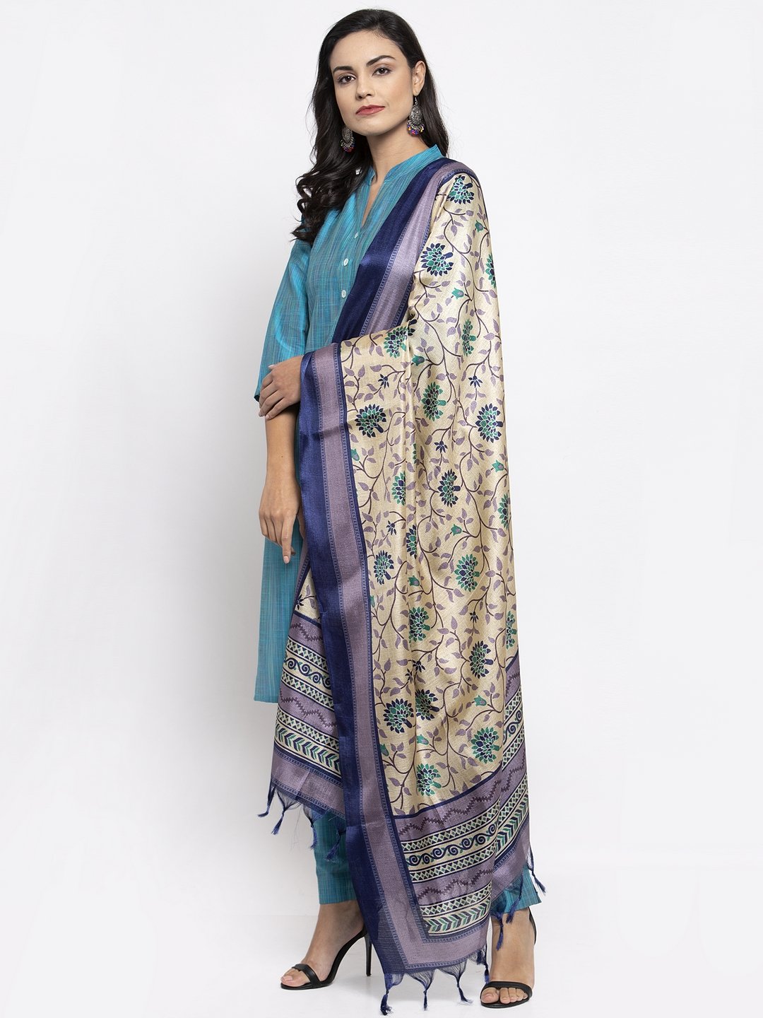 Jompers Women Blue & Green Self-Striped Kurta with Trousers And Printed Dupatta