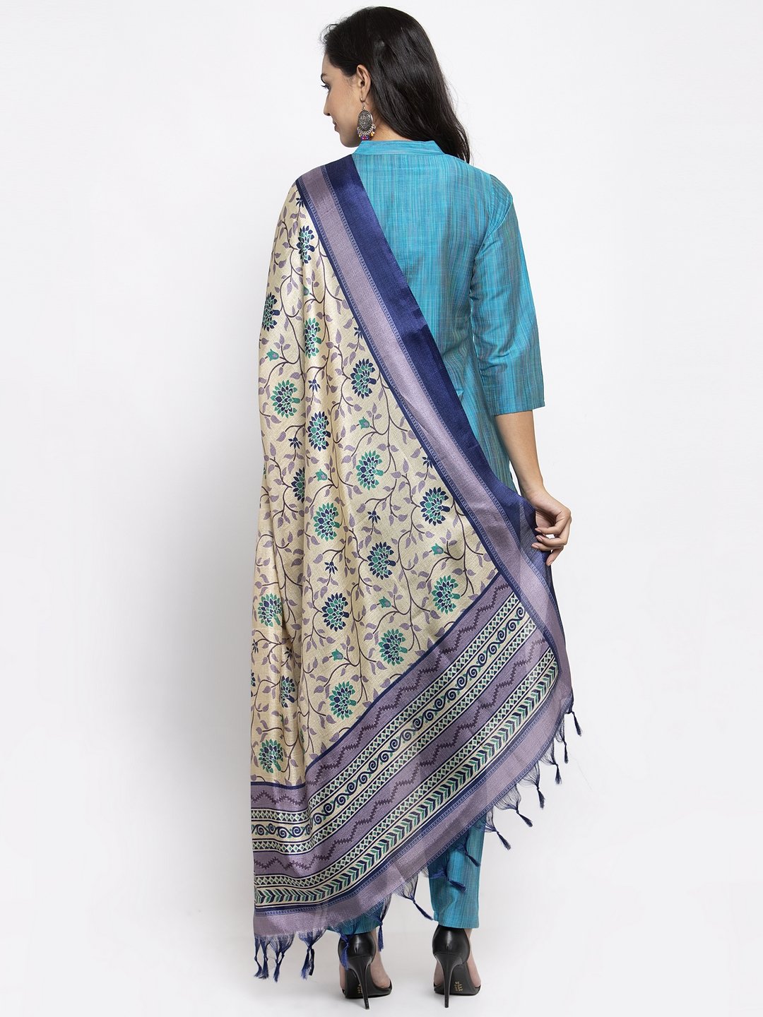Jompers Women Blue & Green Self-Striped Kurta with Trousers And Printed Dupatta