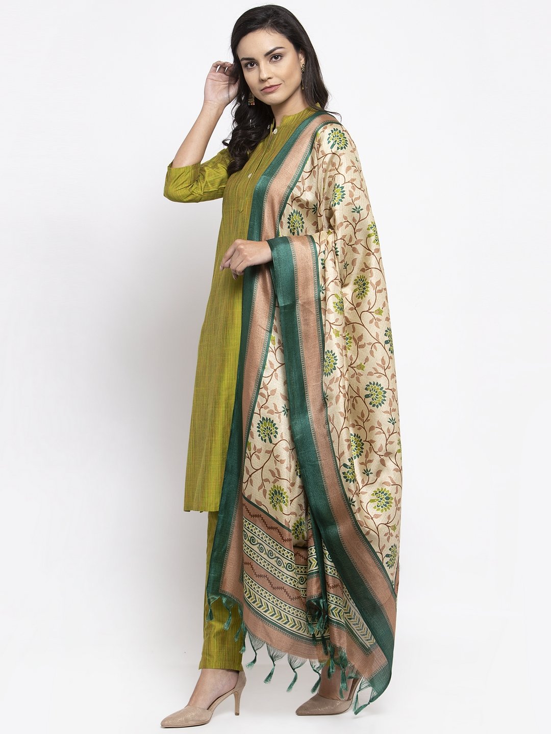 Jompers Women Green Self-Striped Kurta with Trousers & Art Silk Dupatta