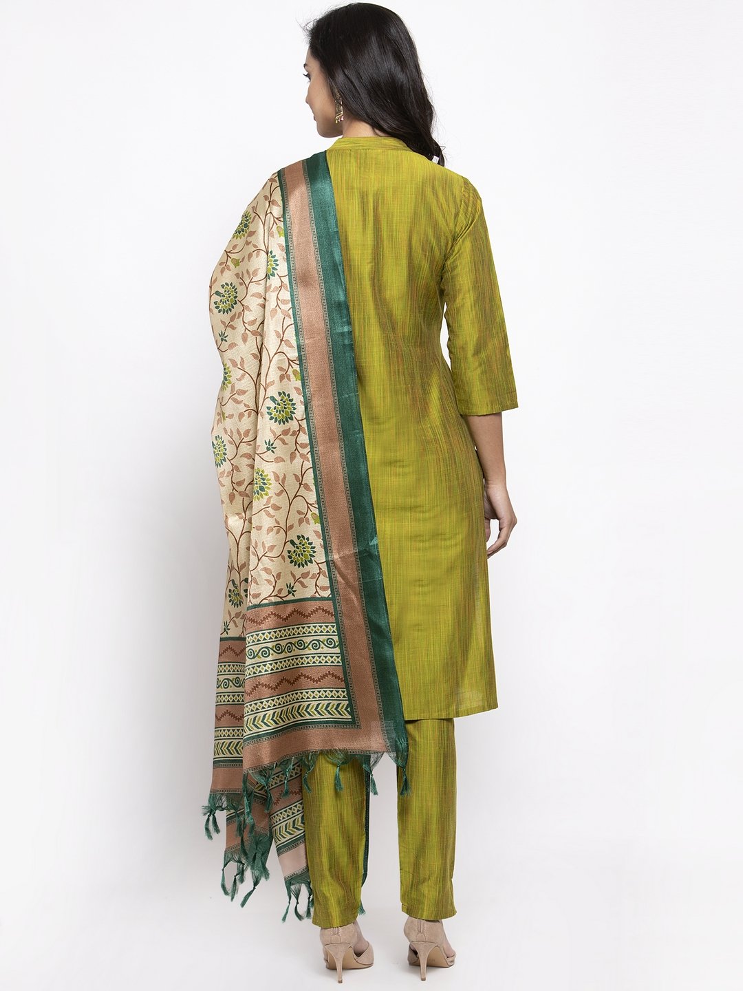 Jompers Women Green Self-Striped Kurta with Trousers & Art Silk Dupatta