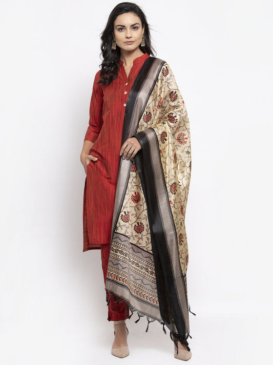 Jompers Women Red Self-Striped Kurta with Trousers & Art Silk Dupatta