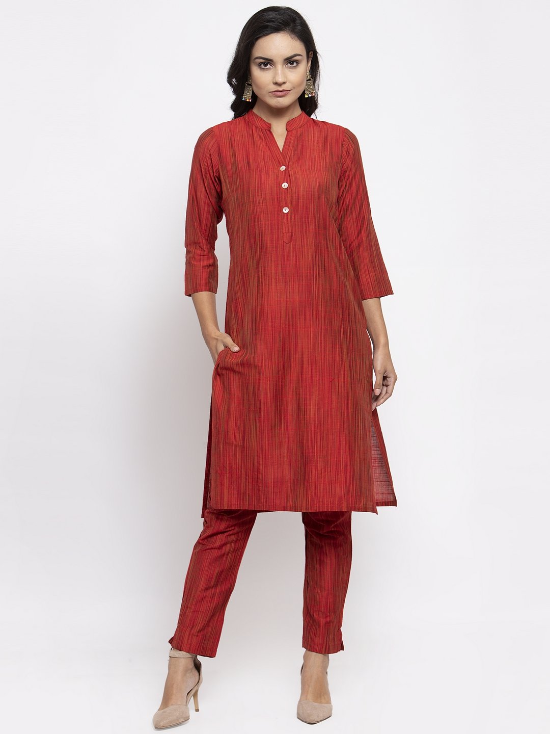 Jompers Women Red Self-Striped Kurta with Trousers & Art Silk Dupatta