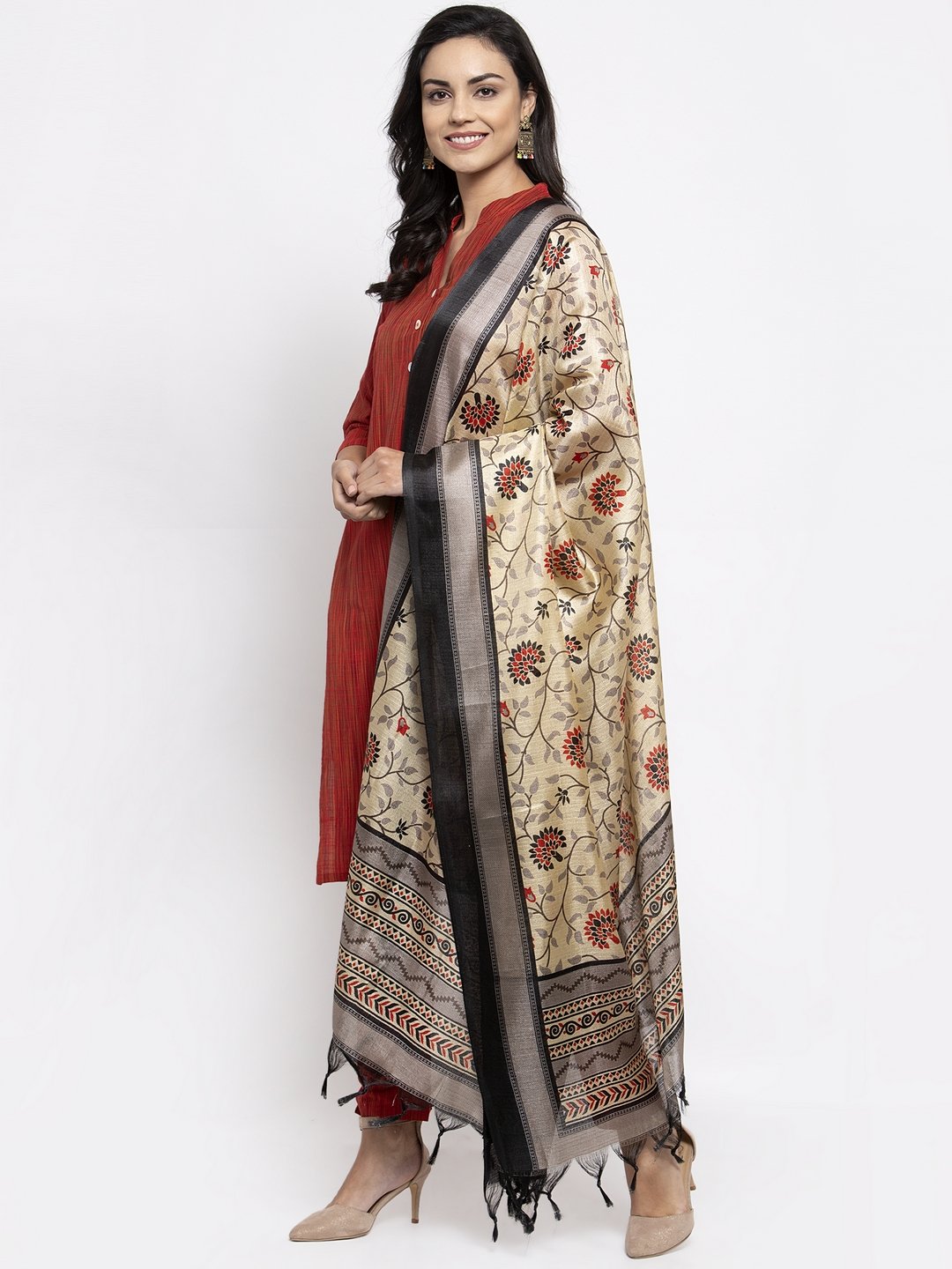Jompers Women Red Self-Striped Kurta with Trousers & Art Silk Dupatta