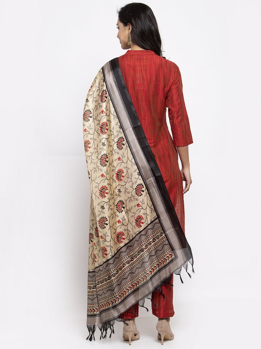 Jompers Women Red Self-Striped Kurta with Trousers & Art Silk Dupatta