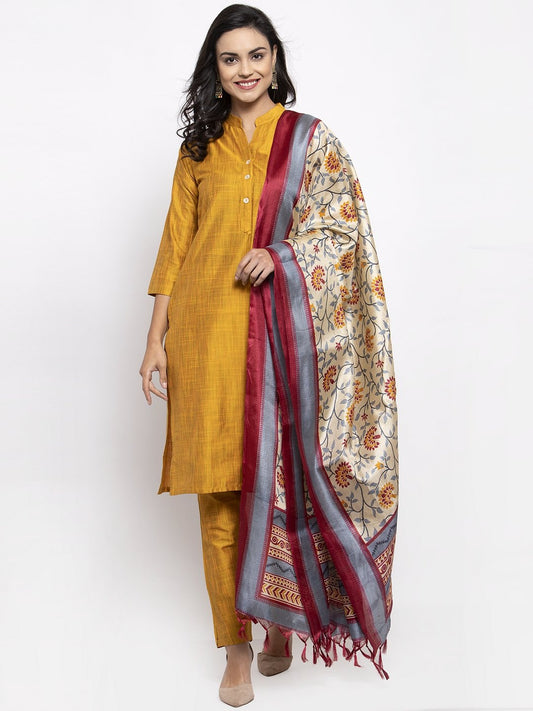 Jompers Women Yellow Self-Striped Kurta with Trousers & Art Silk Dupatta