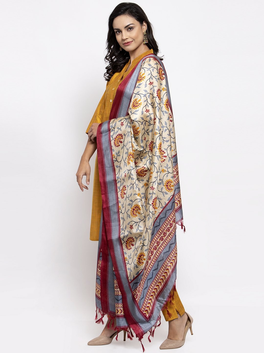 Jompers Women Yellow Self-Striped Kurta with Trousers & Art Silk Dupatta