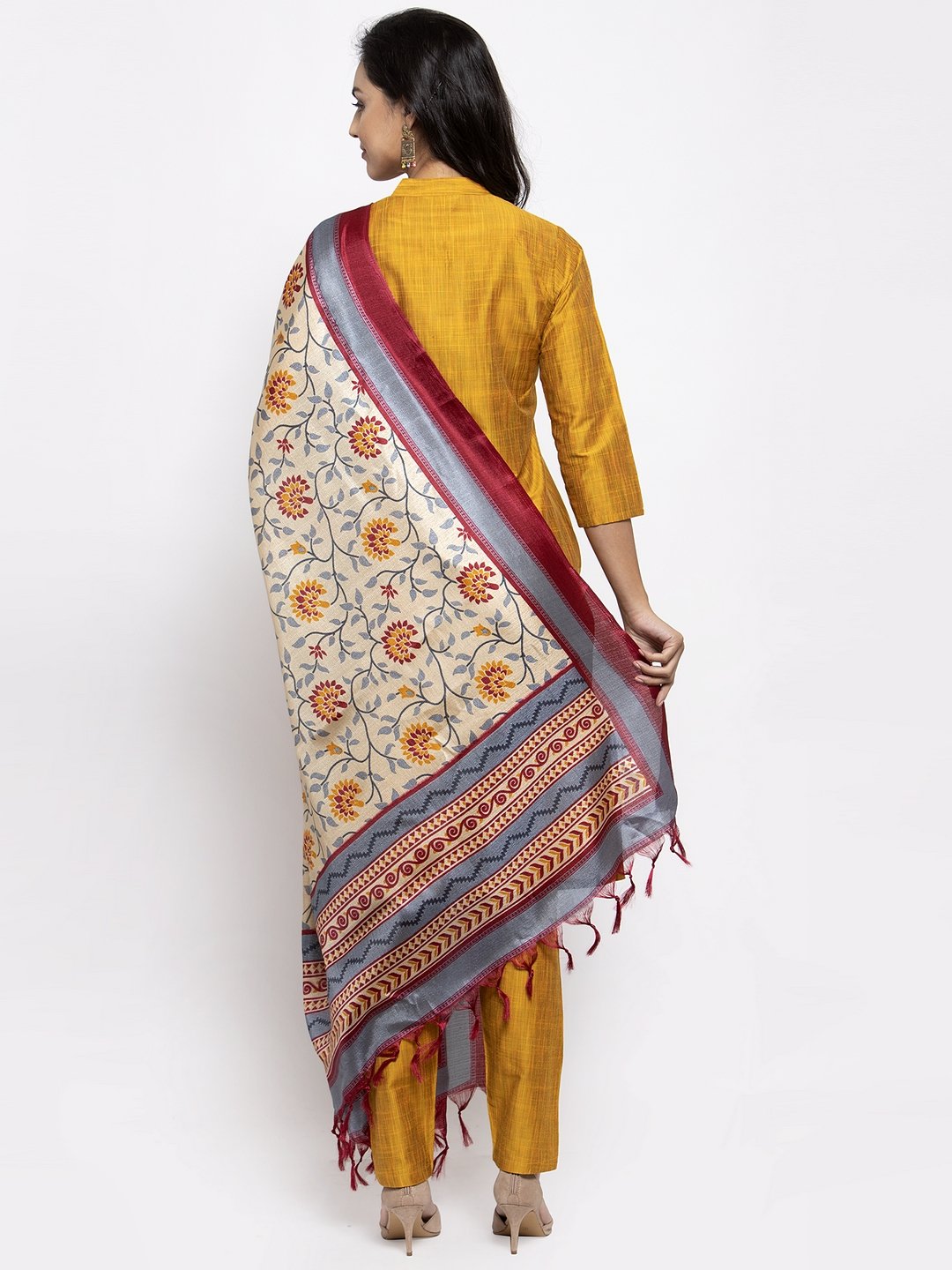 Jompers Women Yellow Self-Striped Kurta with Trousers & Art Silk Dupatta