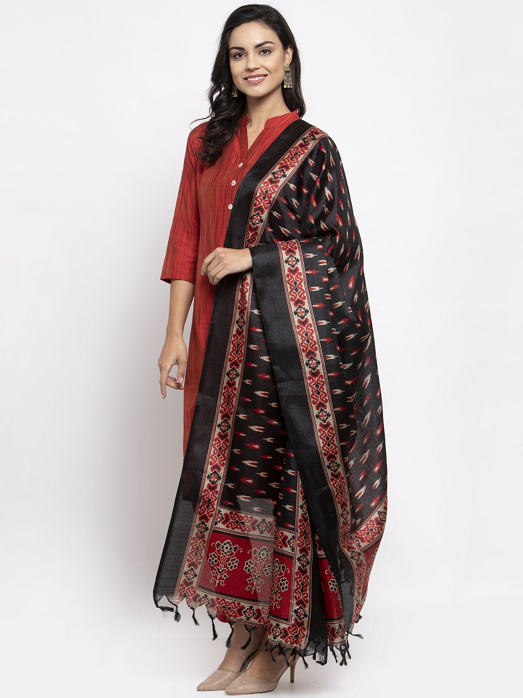 Jompers Women Red Self-Striped Kurta with Trousers & Art Silk Printed Dupatta