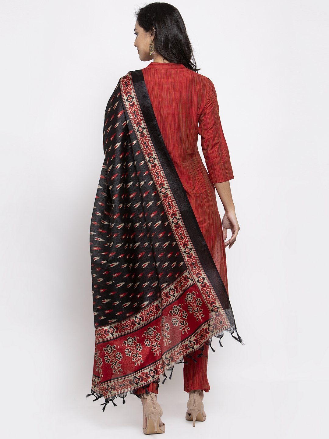 Jompers Women Red Self-Striped Kurta with Trousers & Art Silk Printed Dupatta