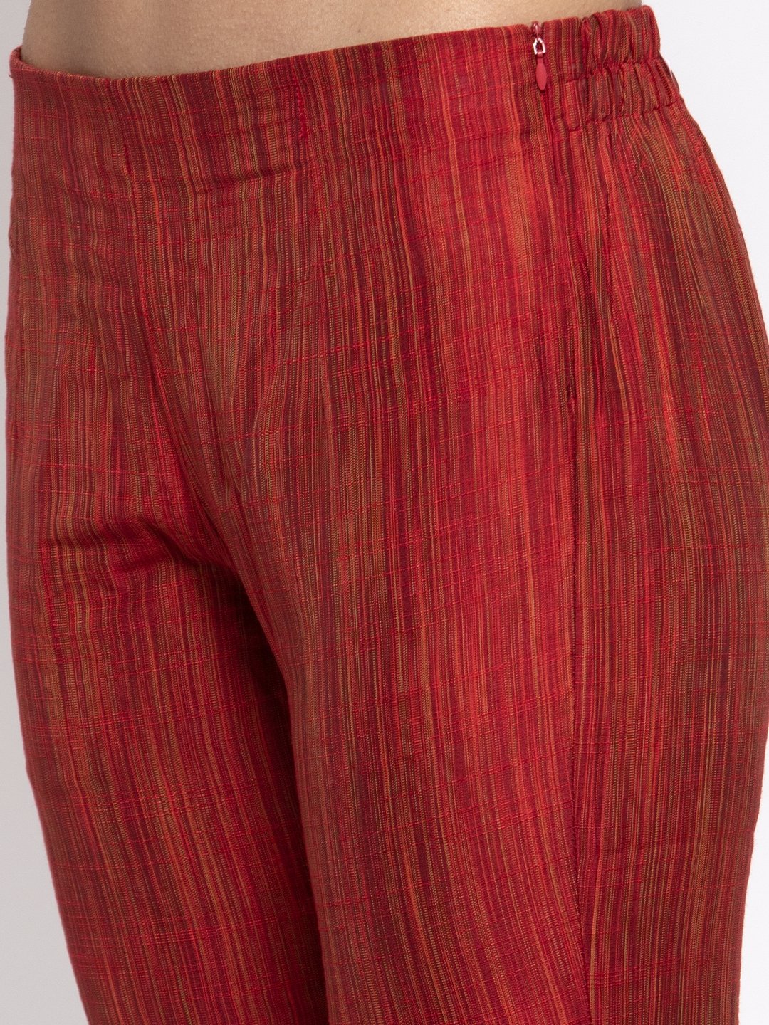 Jompers Women Red Self-Striped Kurta with Trousers & Art Silk Printed Dupatta