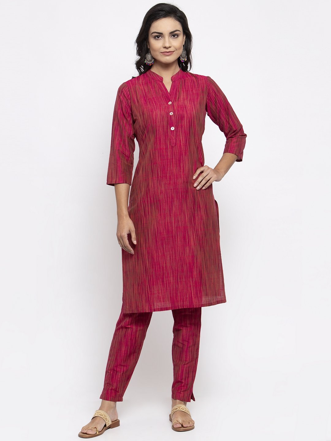 Jompers Women Pink Self-Striped Kurta with Trousers & Art Silk Printed Dupatta