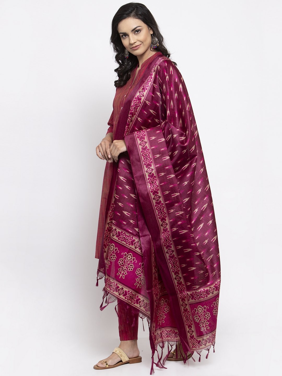 Jompers Women Pink Self-Striped Kurta with Trousers & Art Silk Printed Dupatta