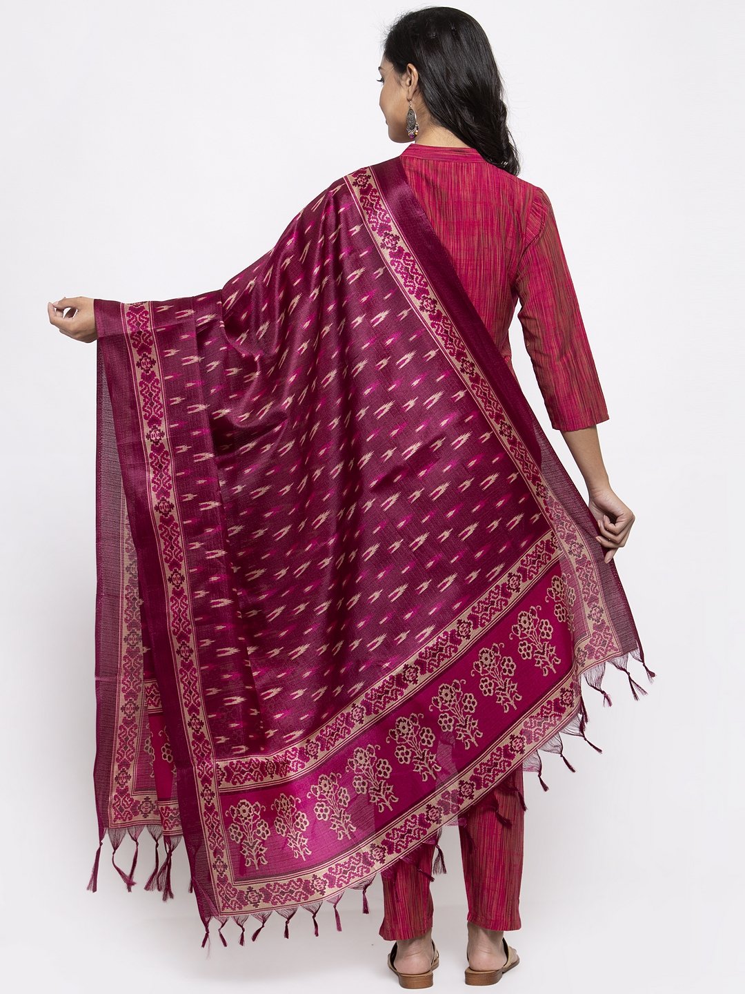 Jompers Women Pink Self-Striped Kurta with Trousers & Art Silk Printed Dupatta