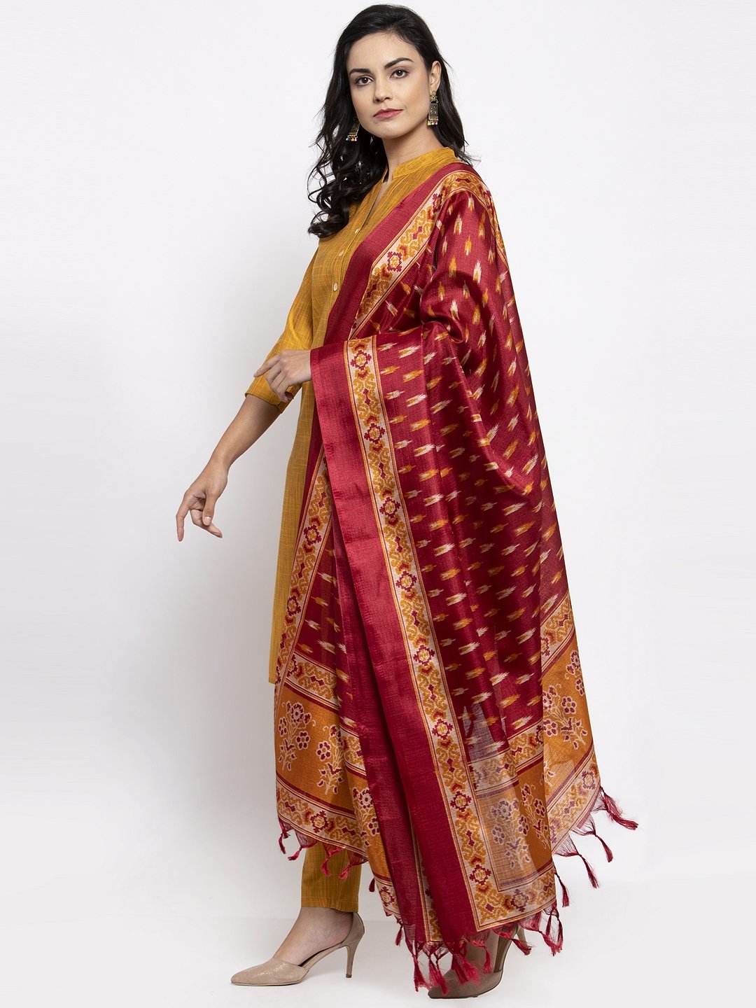 Jompers Women Yellow Self-Striped Kurta with Trousers & Art Silk Printed Dupatta