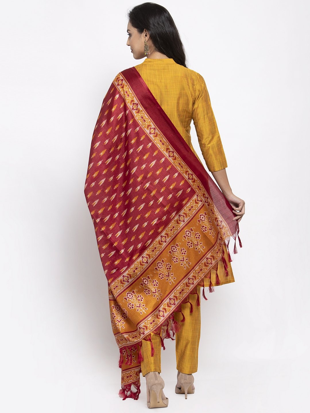 Jompers Women Yellow Self-Striped Kurta with Trousers & Art Silk Printed Dupatta