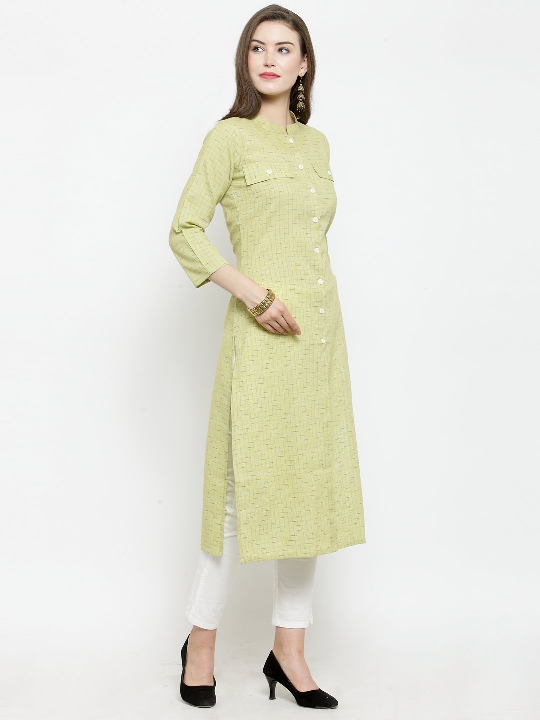 Jompers Women Green woven design Straight Kurta