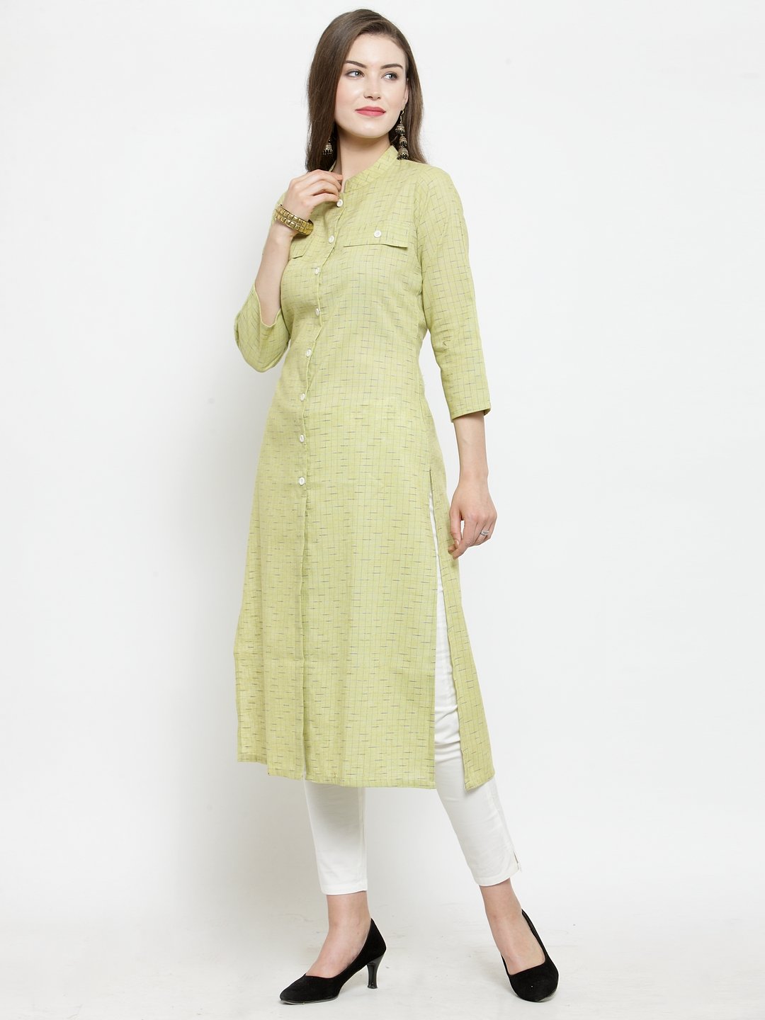 Jompers Women Green woven design Straight Kurta