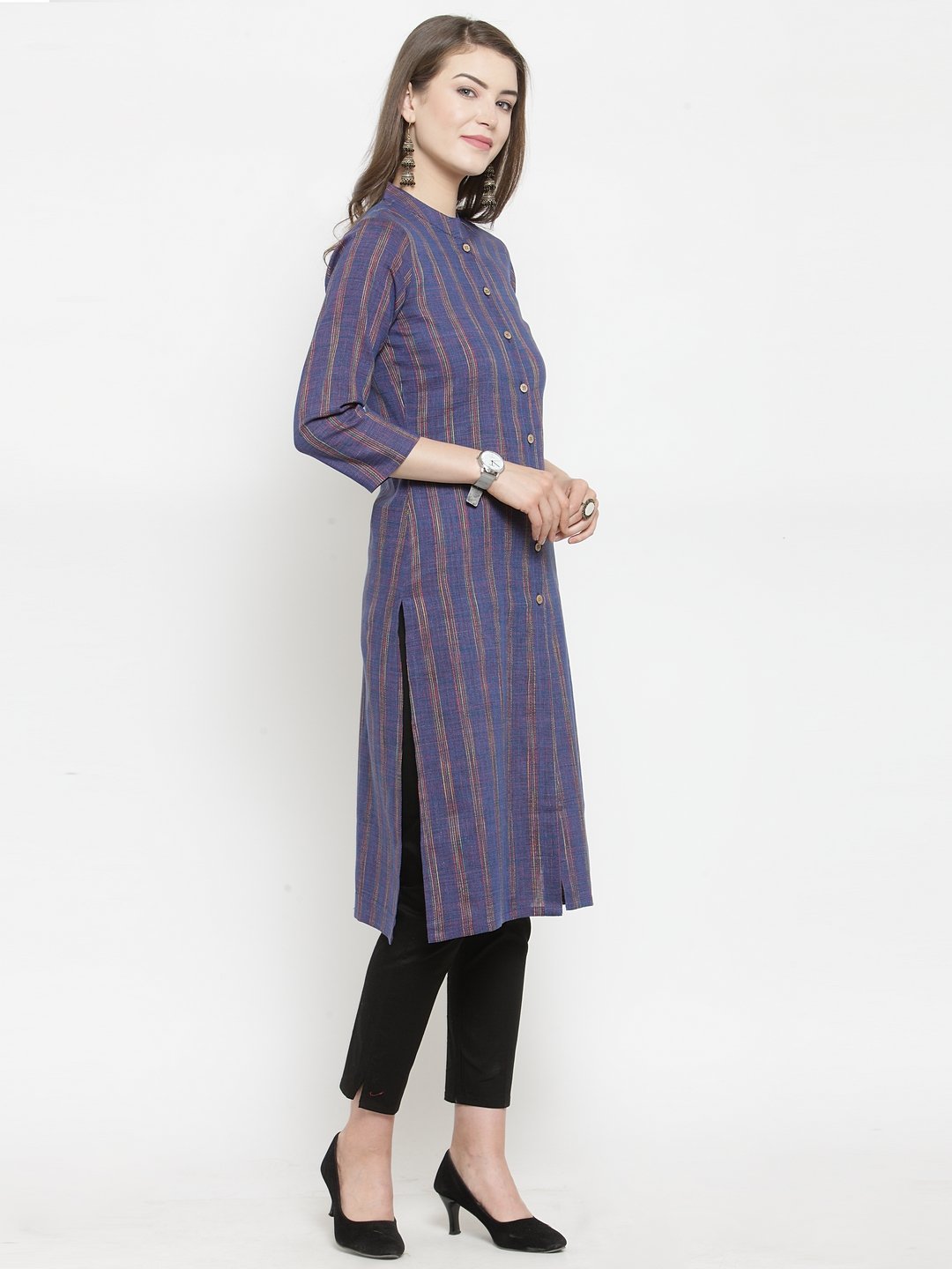 Jompers Women Blue Blue Striped Cotton-blend Straight Kurta
