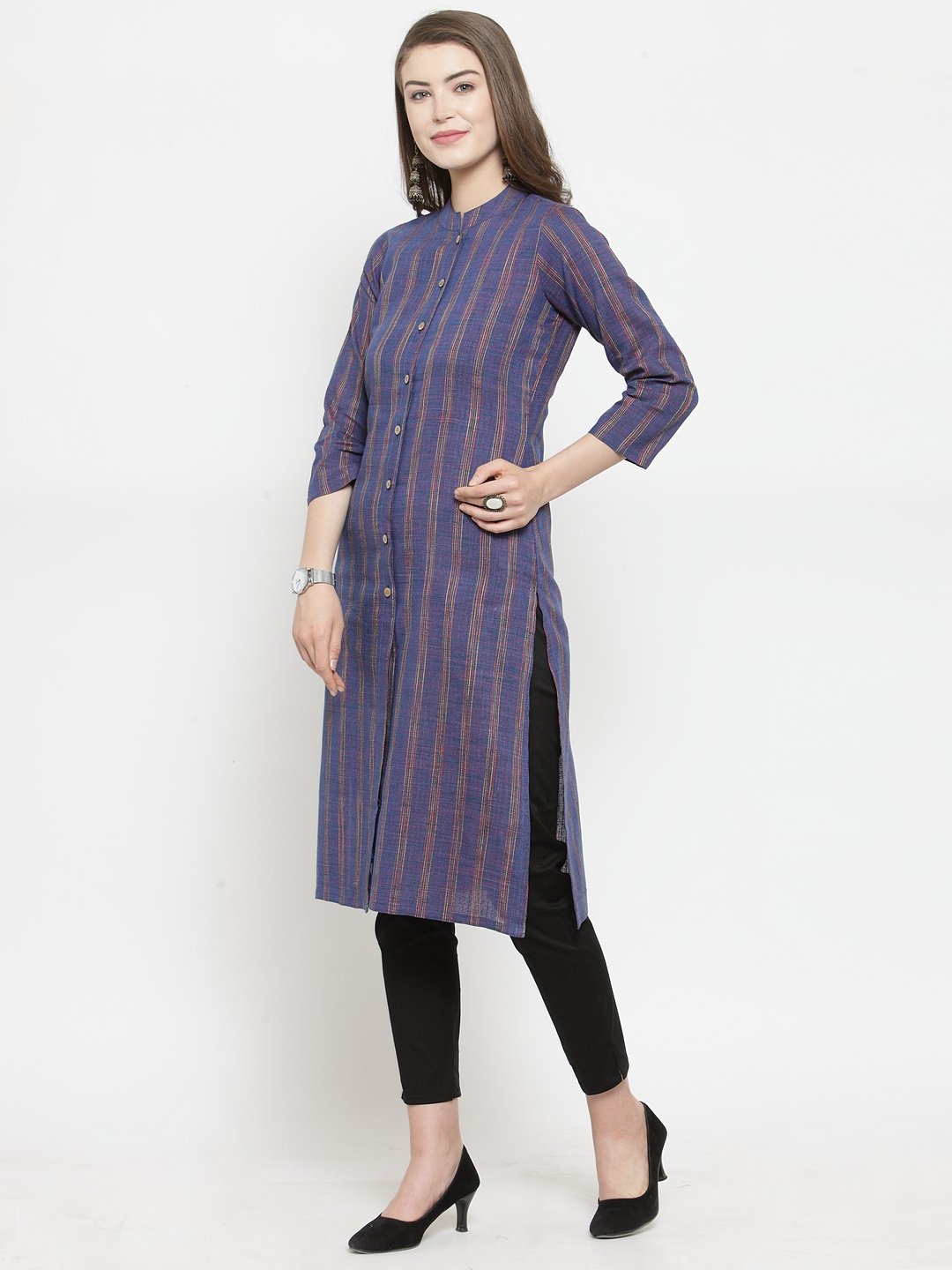 Jompers Women Blue Blue Striped Cotton-blend Straight Kurta