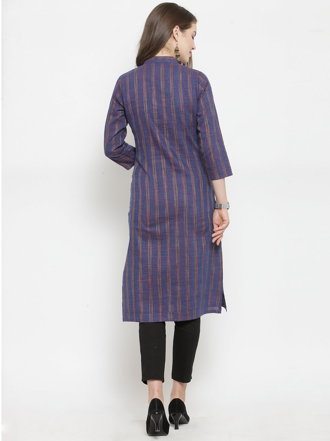 Jompers Women Blue Blue Striped Cotton-blend Straight Kurta
