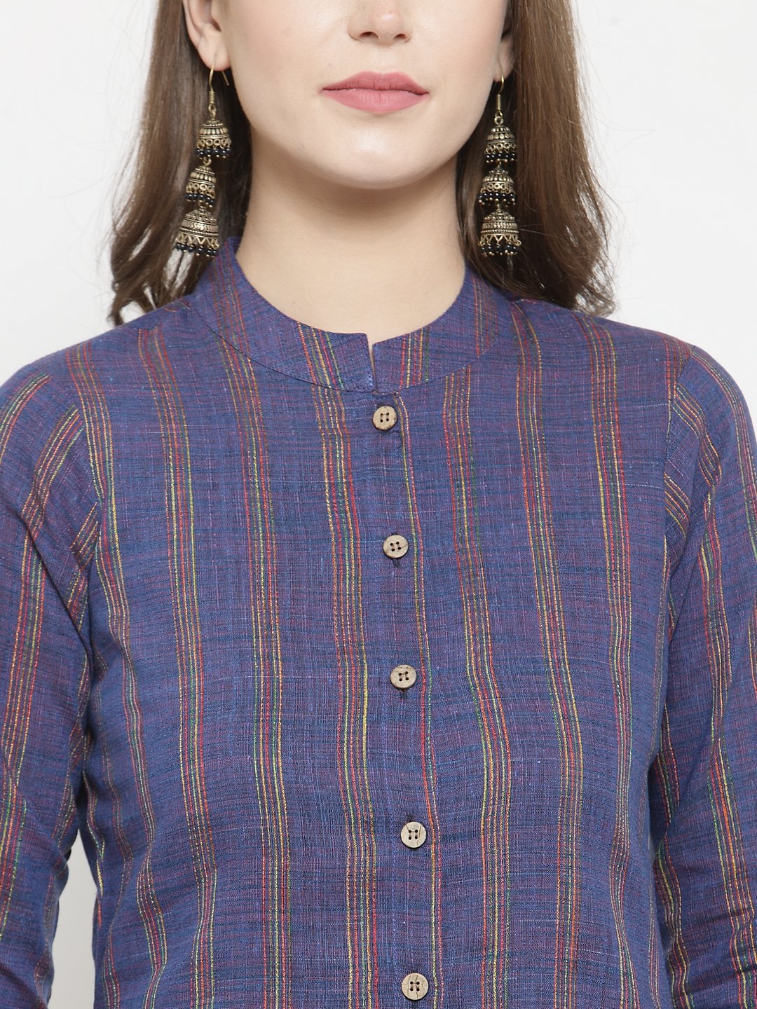 Jompers Women Blue Blue Striped Cotton-blend Straight Kurta