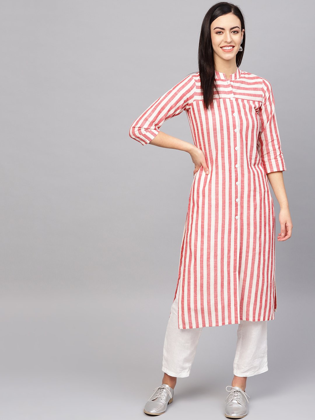 Jompers Women Red & Off-White Striped Cotton Straight Kurta