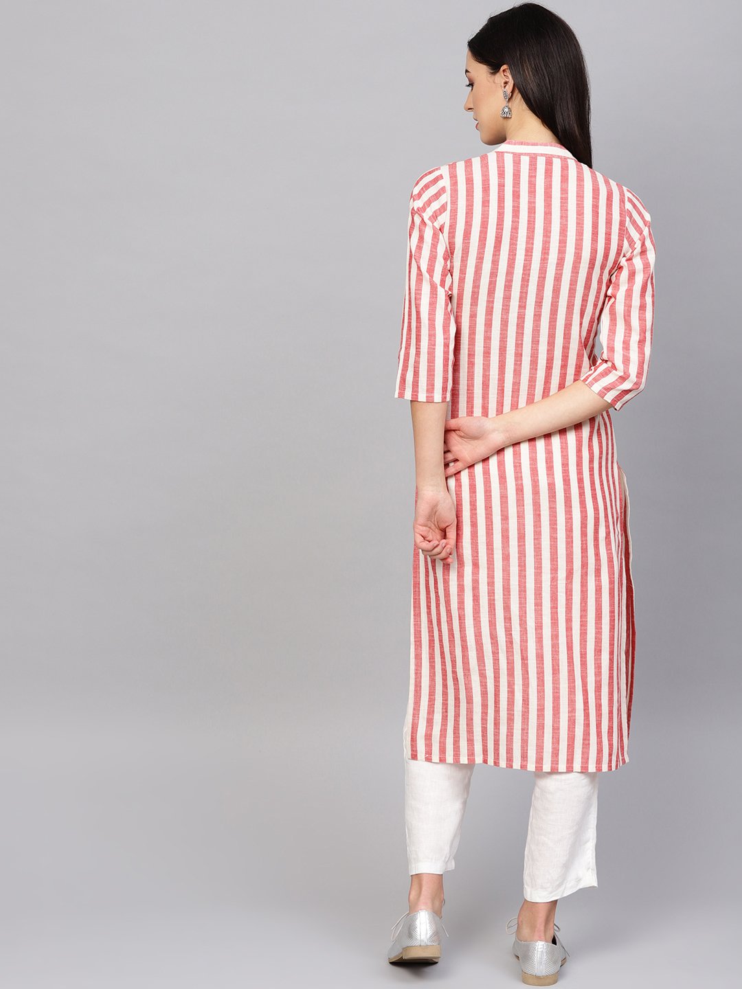 Jompers Women Red & Off-White Striped Cotton Straight Kurta