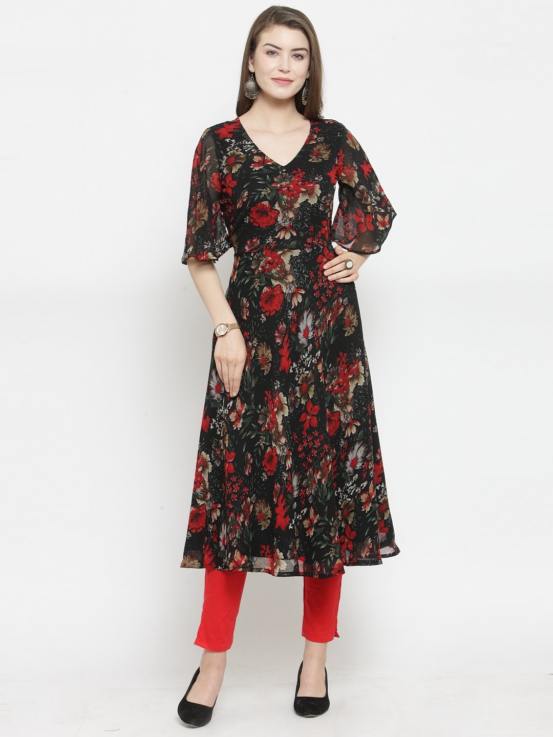 Jompers Women Black & Red Floral Printed Gorgette Flared Kurta
