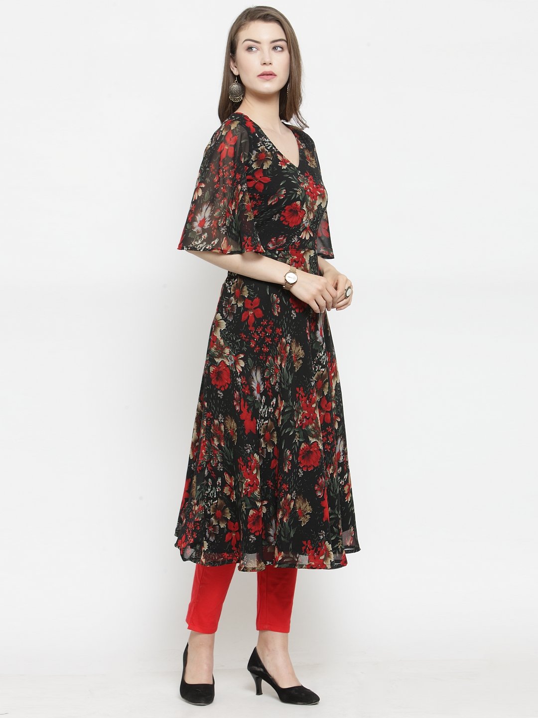 Jompers Women Black & Red Floral Printed Gorgette Flared Kurta