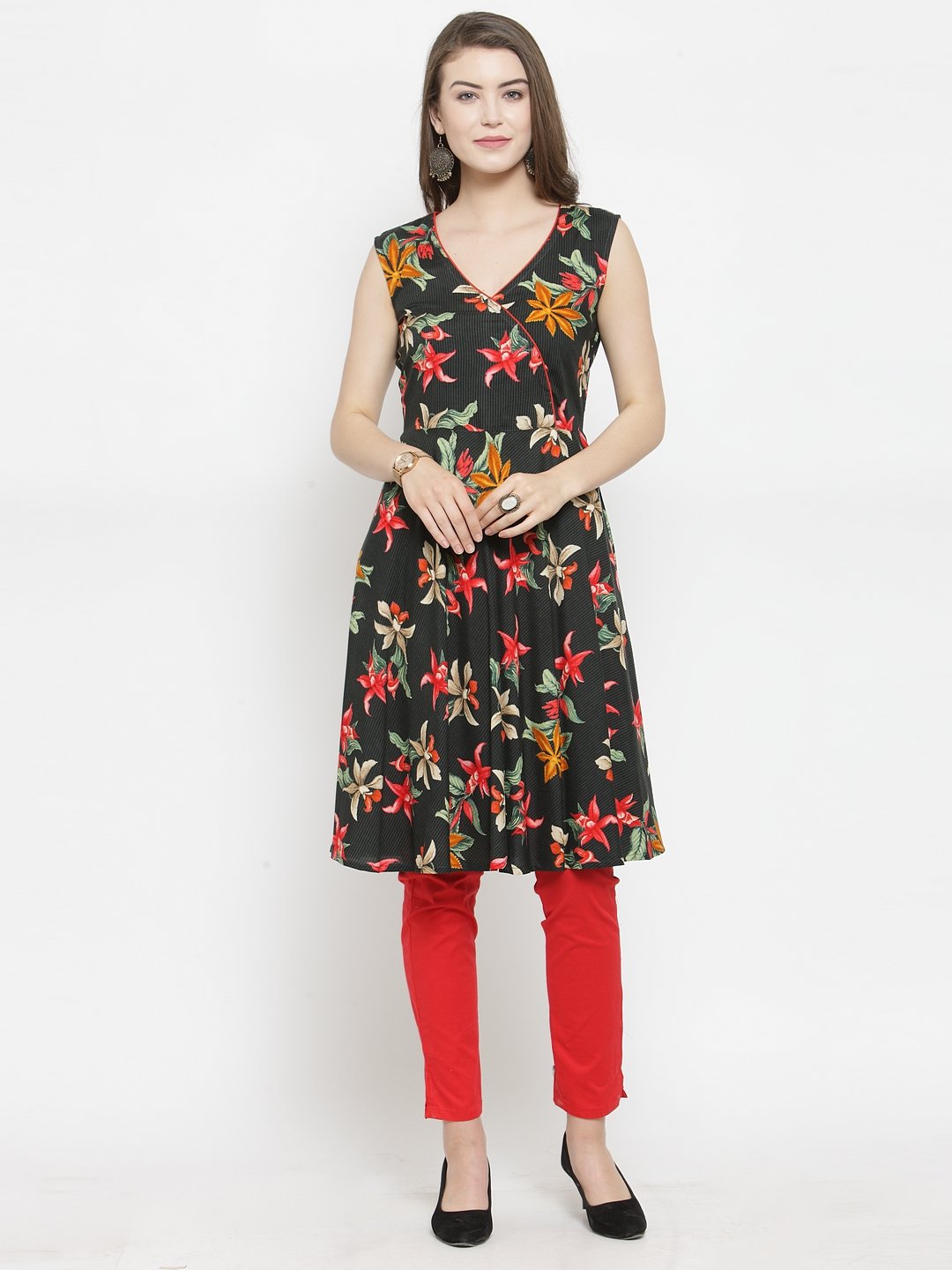 Jompers Women Black & Red Floral Printed Rayon A-Line Kurta