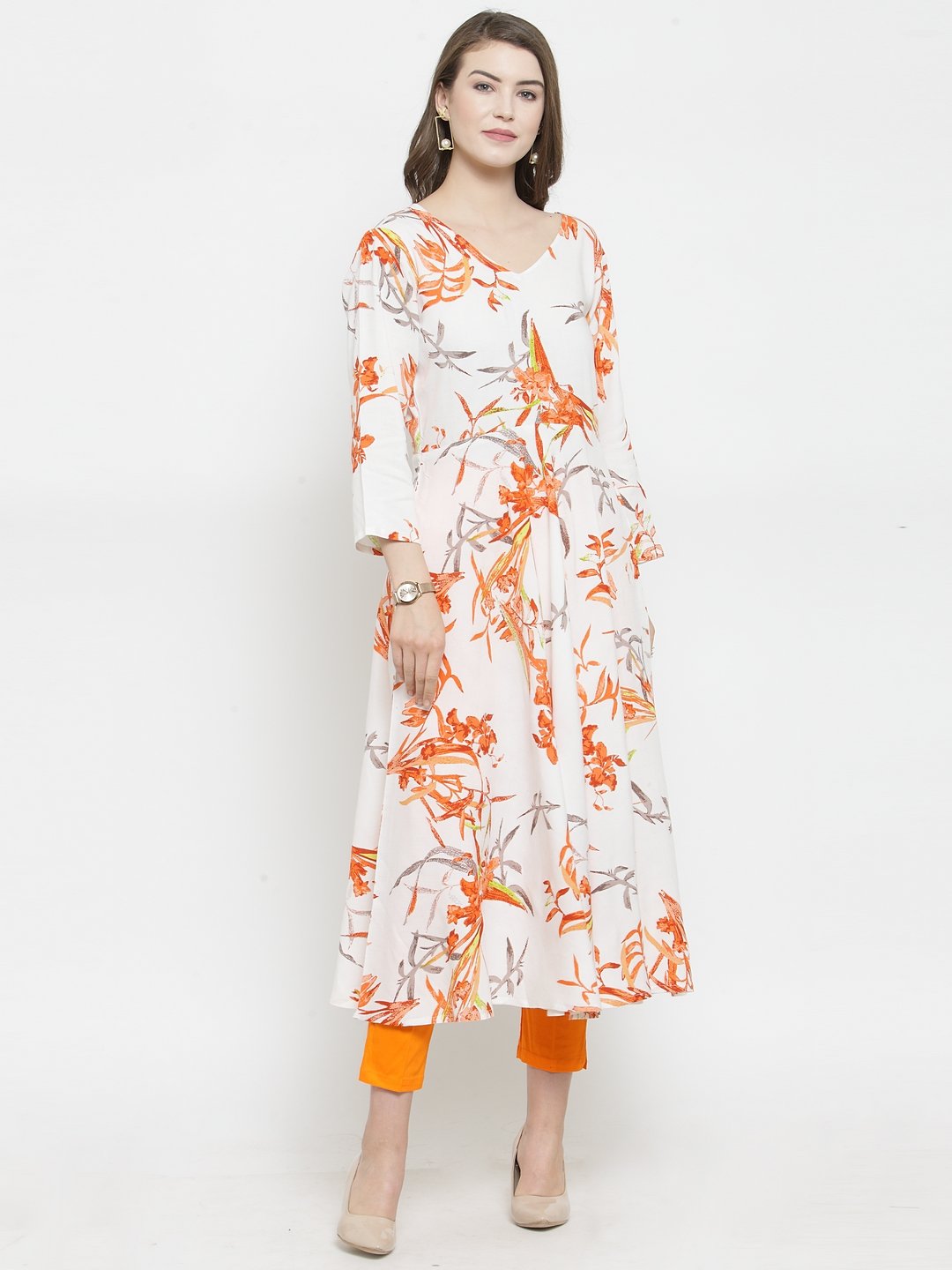 Jompers Women White & Orange Floral Printed Rayon Flared Kurta