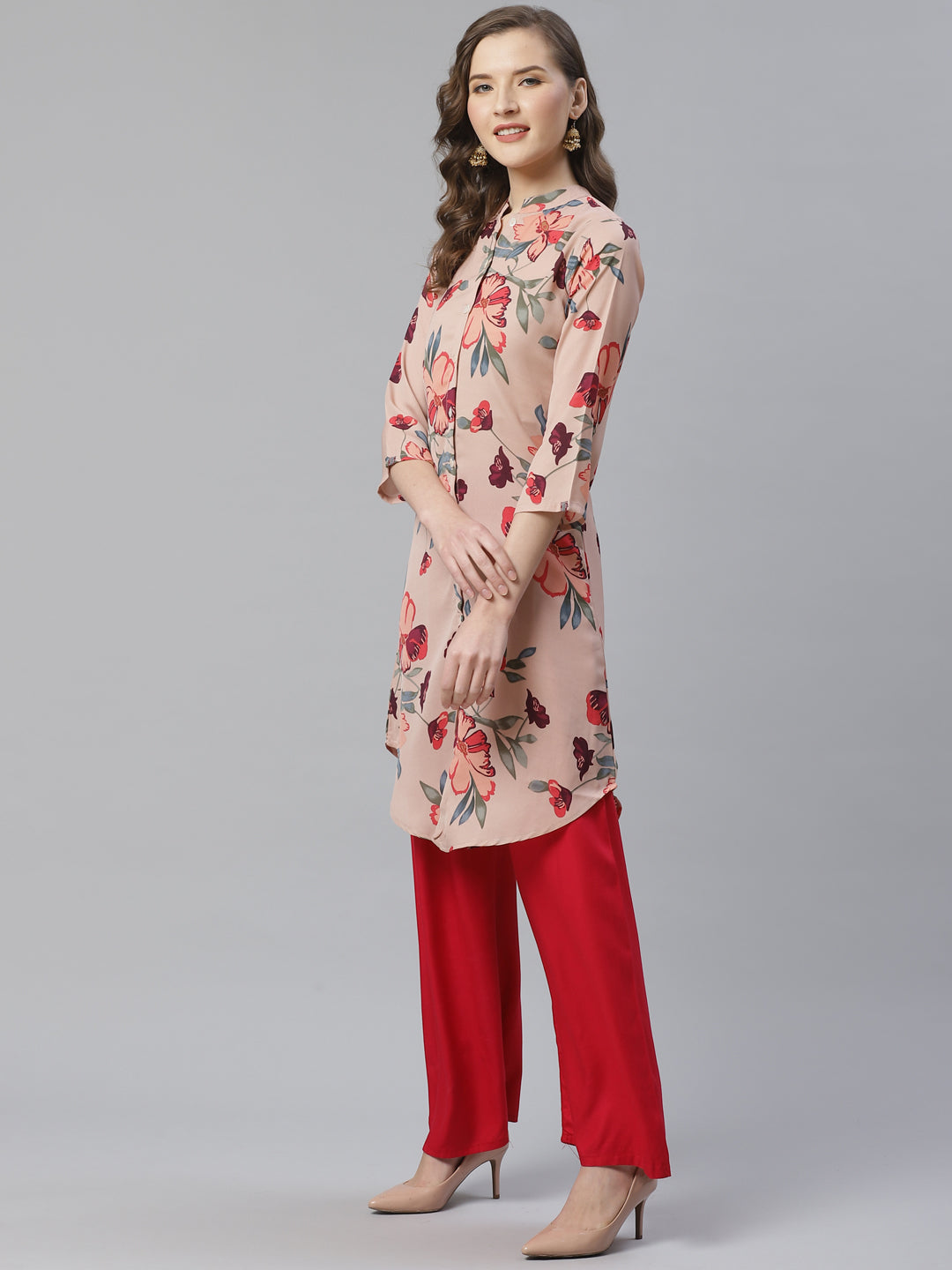Jompers Women Peach & Red Printed Summer-cool A-line Kurta