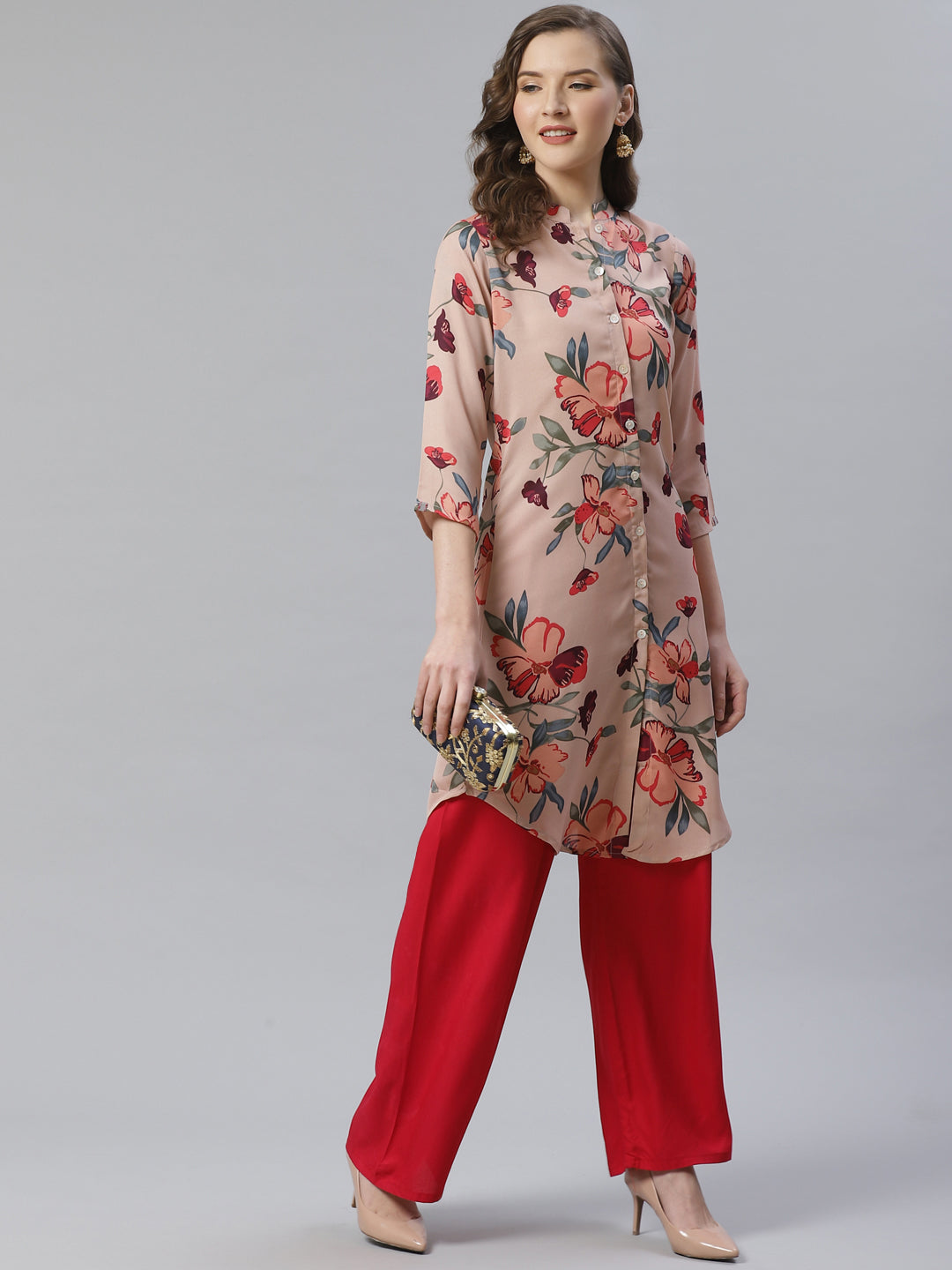 Jompers Women Peach & Red Printed Summer-cool A-line Kurta
