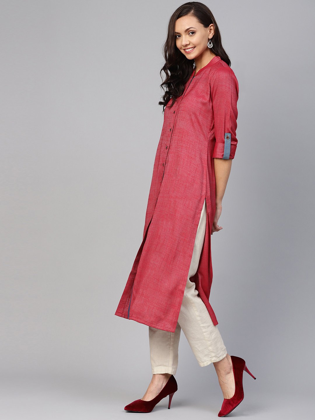 Jompers Women Maroon Woven Design Straight Rayon Kurta with Trousers