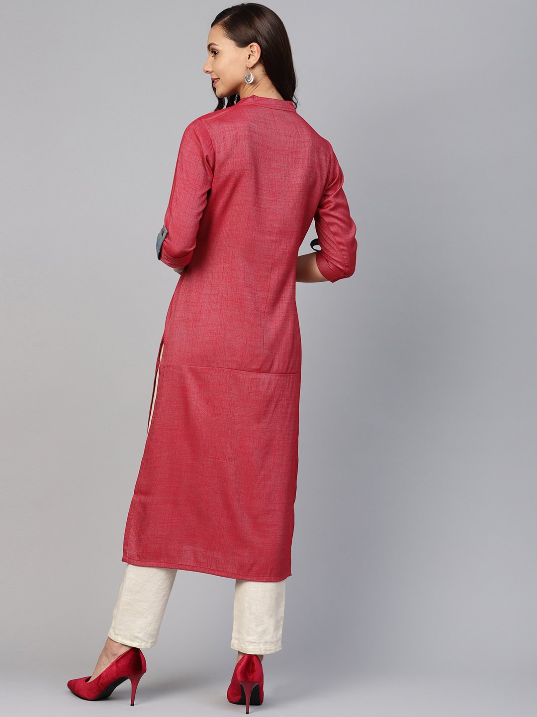 Jompers Women Maroon Woven Design Straight Rayon Kurta