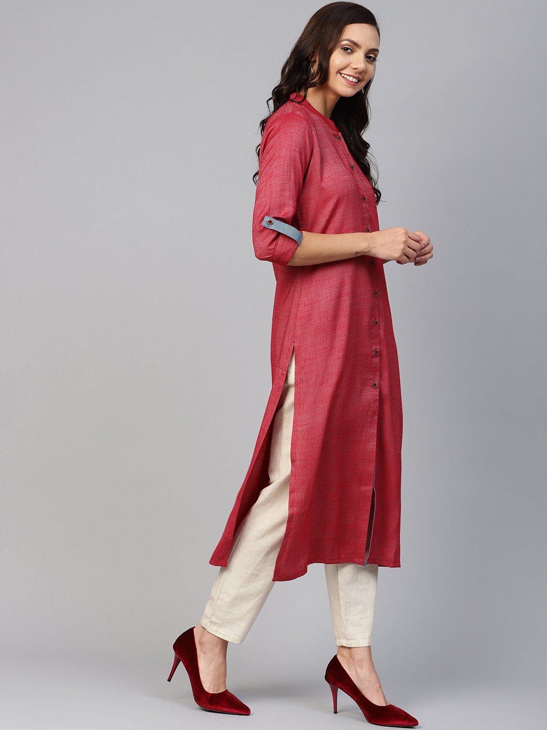 Jompers Women Maroon Woven Design Straight Rayon Kurta