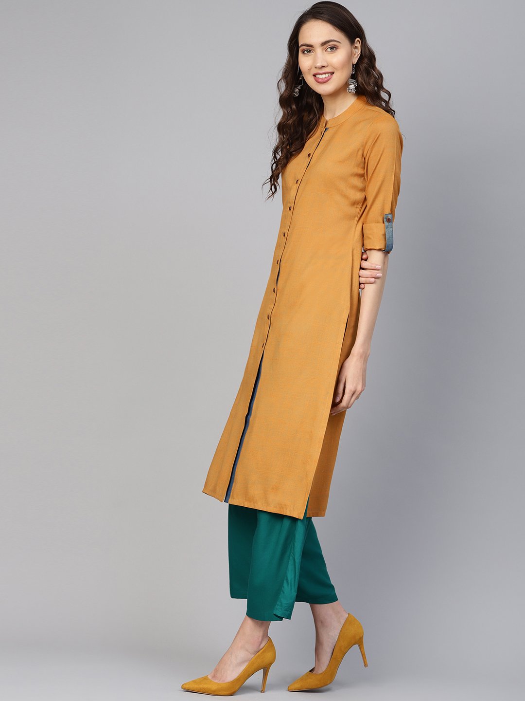 Jompers Women Mustard Woven Design Straight Rayon Kurta