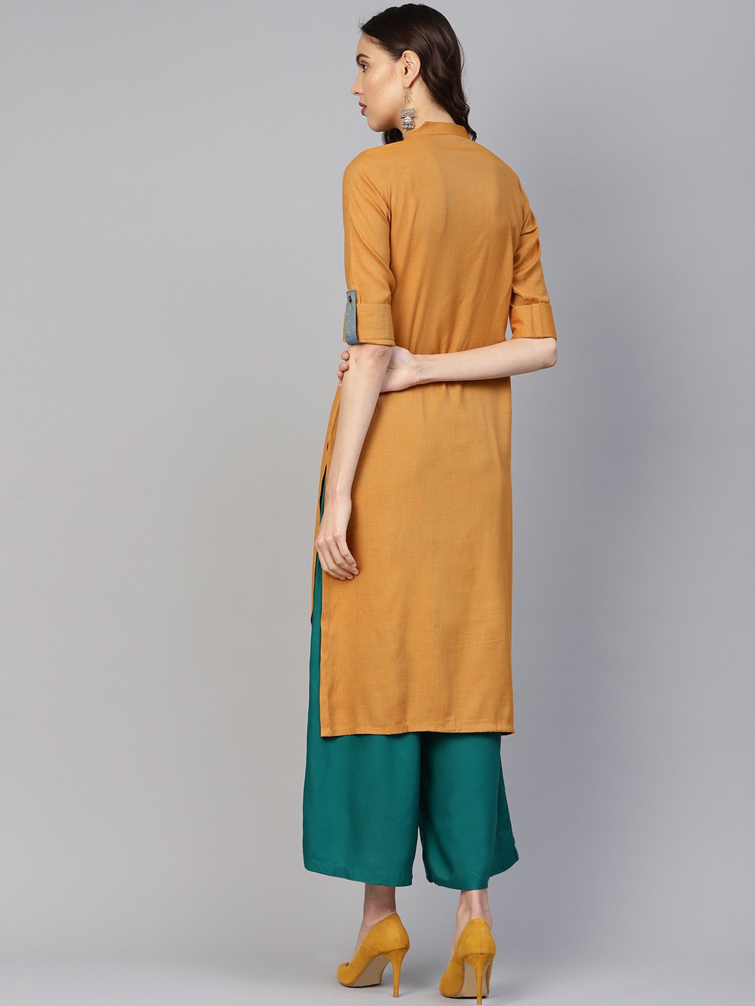 Jompers Women Mustard Woven Design Straight Rayon Kurta