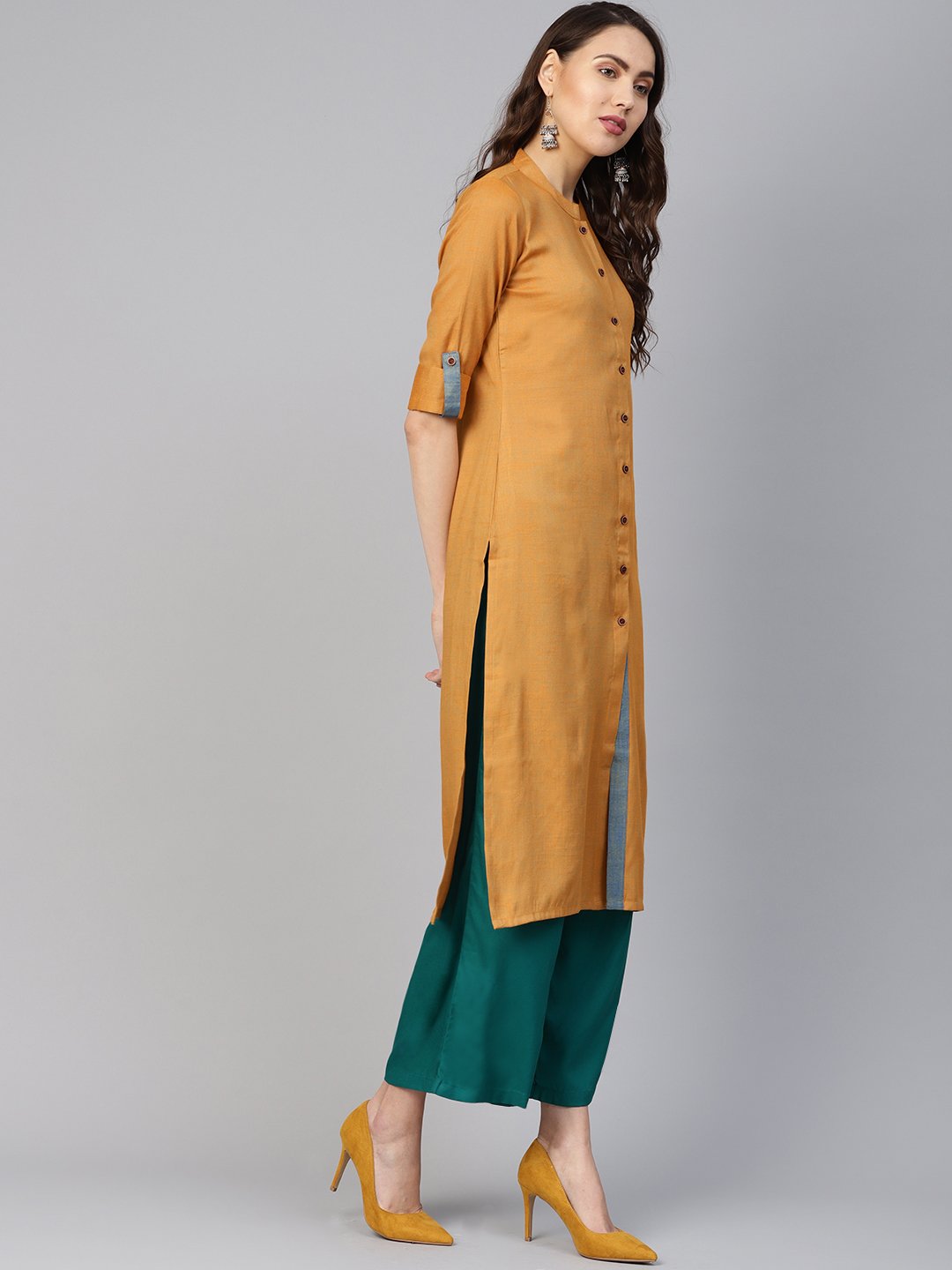 Jompers Women Mustard Woven Design Straight Rayon Kurta