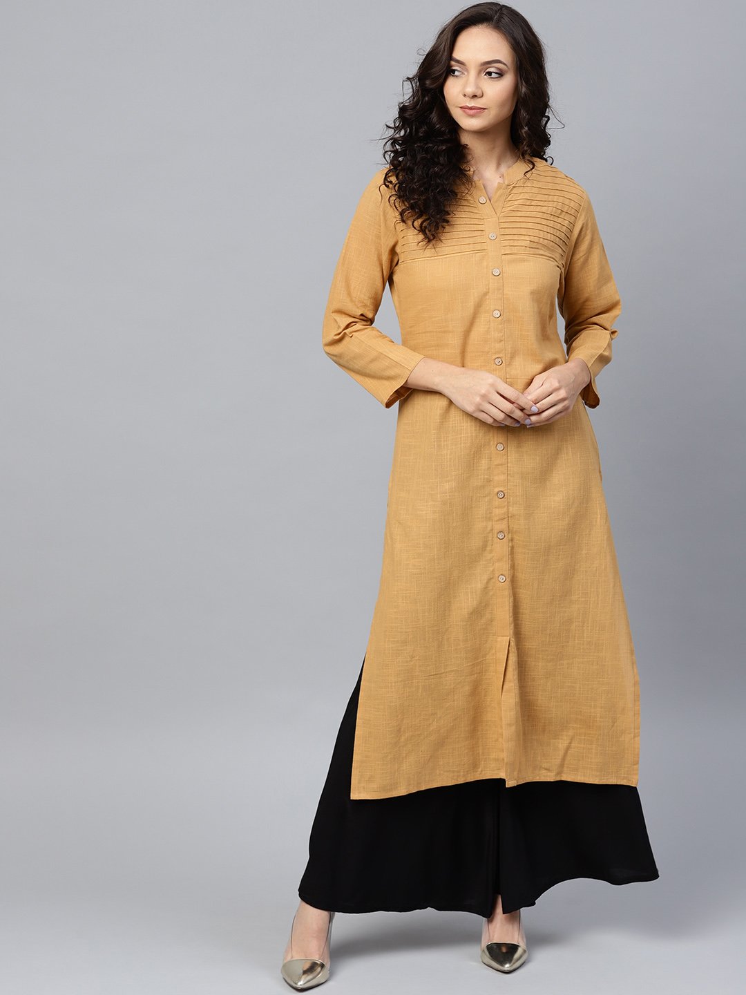 Jompers Women Beige Cotton Straight Kurta with Pintucks