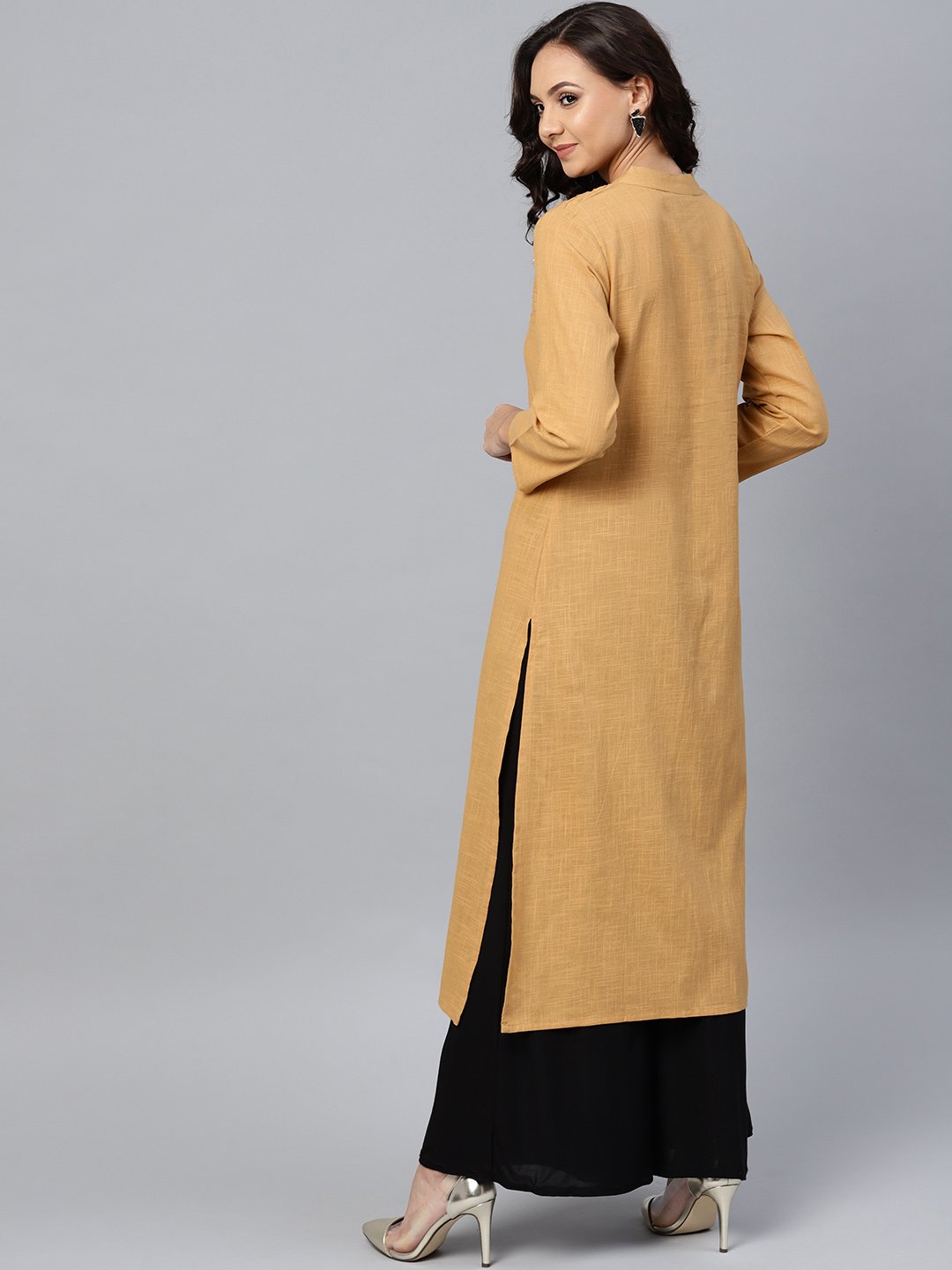 Jompers Women Beige Cotton Straight Kurta with Pintucks