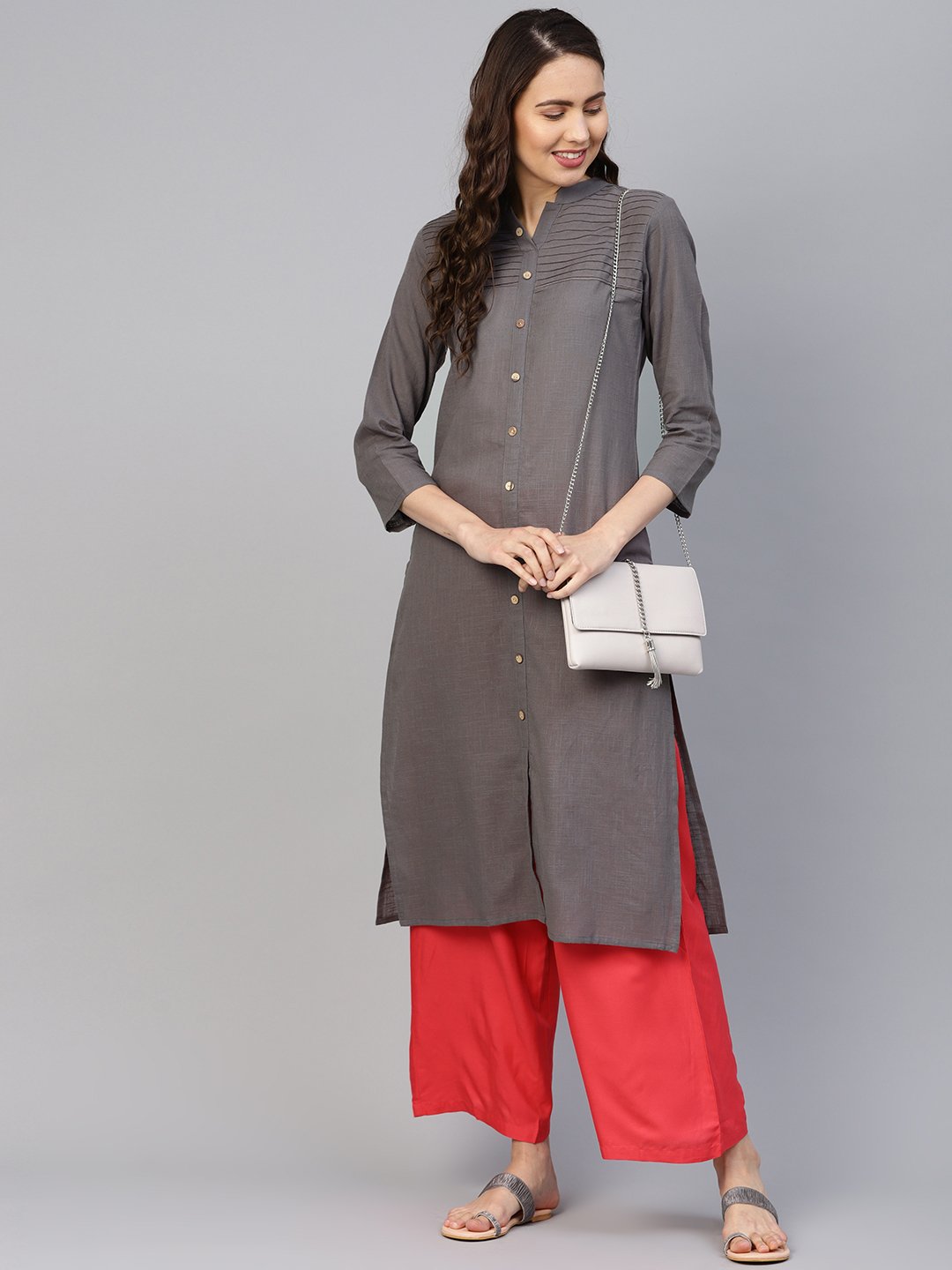 Jompers Women Grey Cotton Straight Kurta with Pintucks
