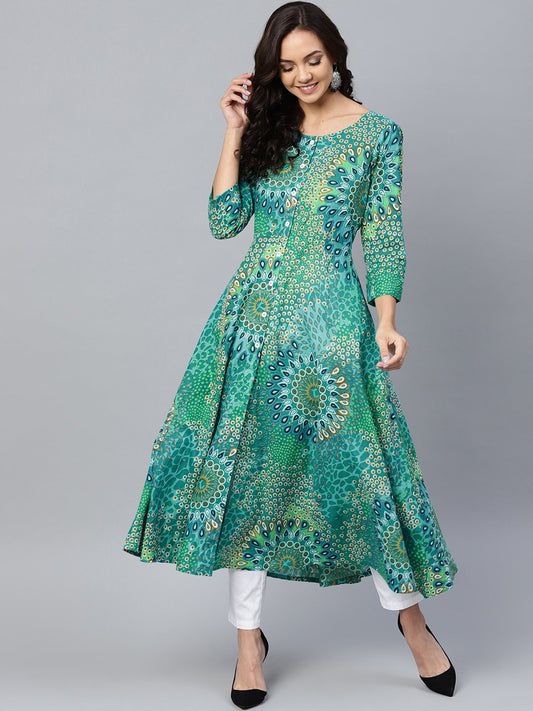 Jompers Women Green & White Printed Flared Kurta - Grab2buy
