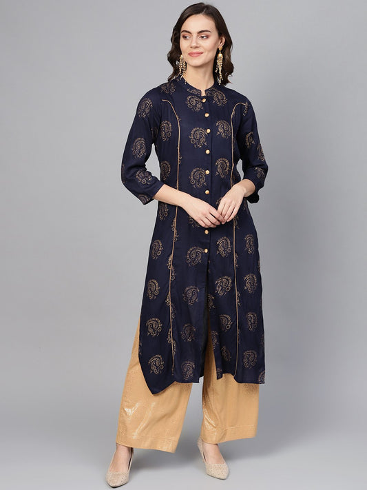 Jompers Women Navy Blue & Golden Printed Straight Kurta