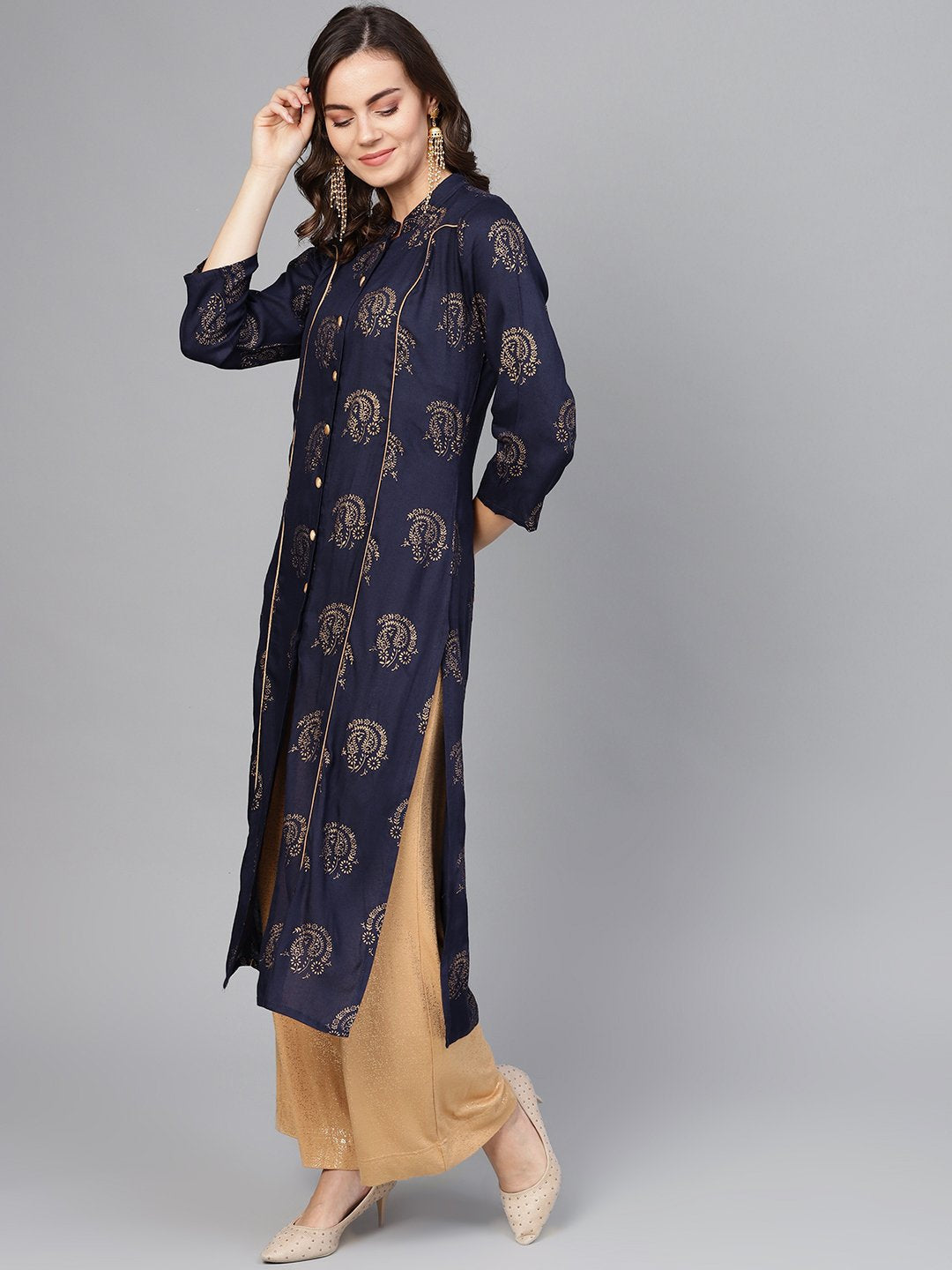 Jompers Women Navy Blue & Golden Printed Straight Kurta
