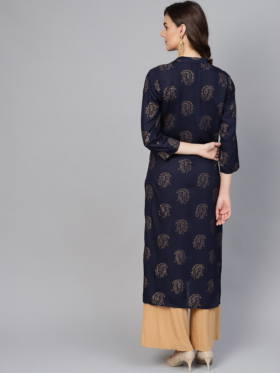 Jompers Women Navy Blue & Golden Printed Straight Kurta