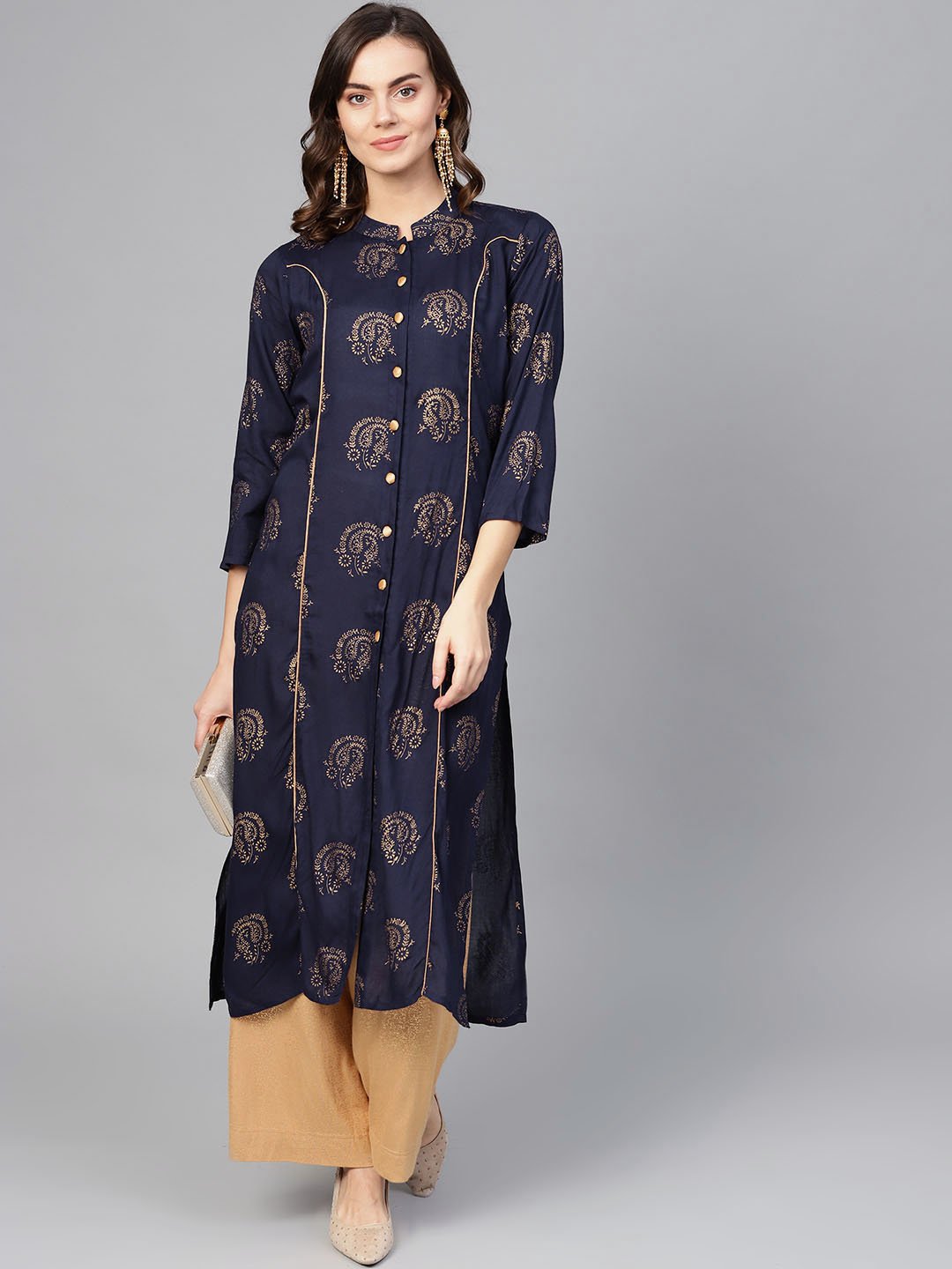 Jompers Women Navy Blue & Golden Printed Straight Kurta