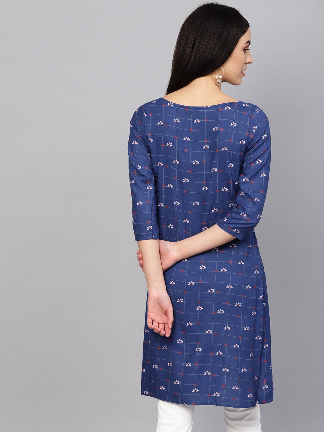 Jompers Women Blue & Off-White Checked Straight Kurta