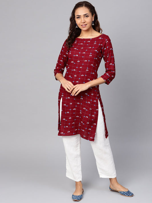 Jompers Women Maroon & Off-White Checked Straight Kurta