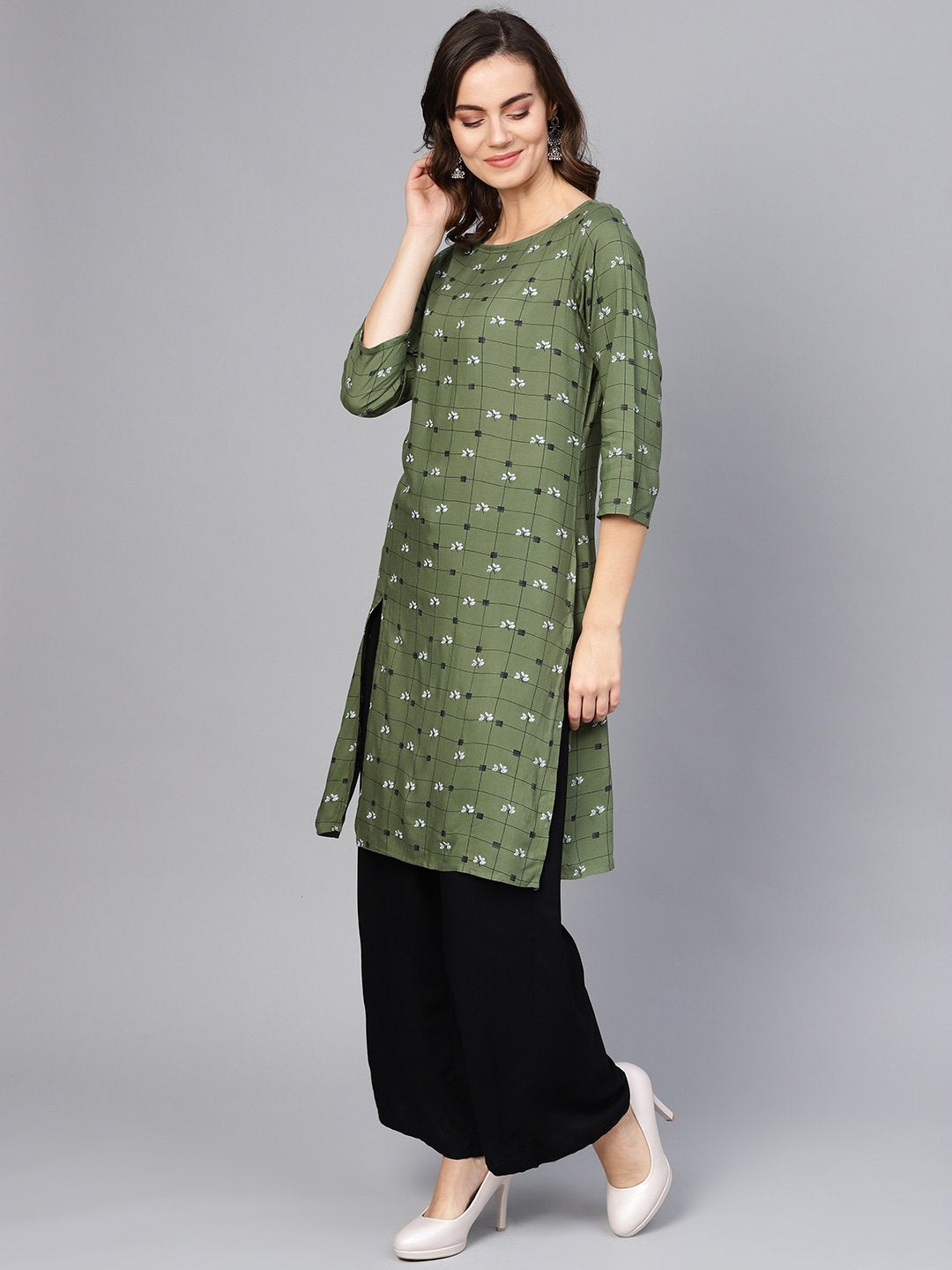 Jompers Women Olive Green & Off-White Checked Straight Kurta